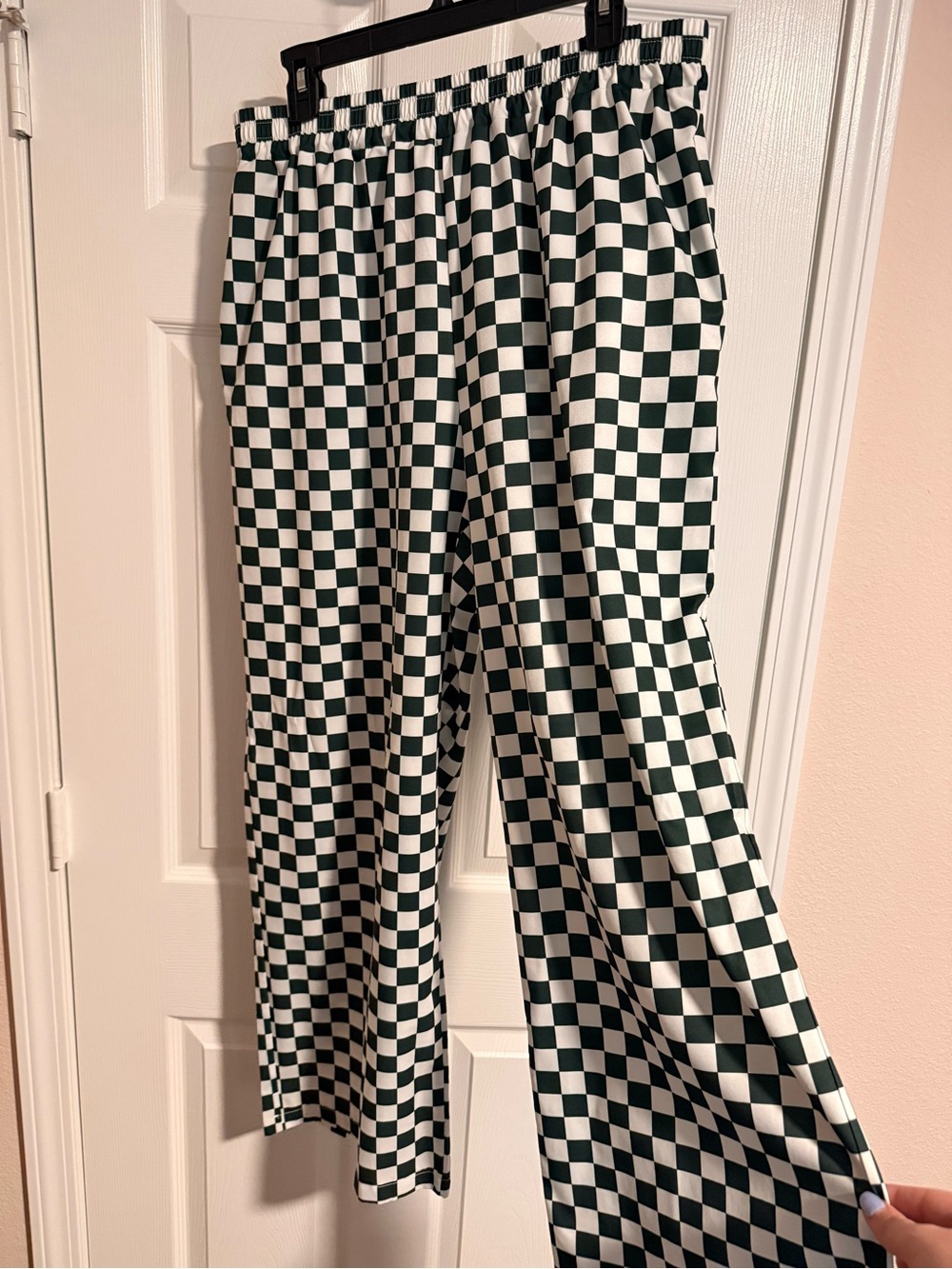 Checkerboard Wide-Leg Pants in Dark Green and White